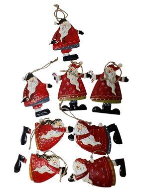 Set Of 8 Hand-Painted Retro Tin Santa Ornaments W/  Rope Hangers #D-14